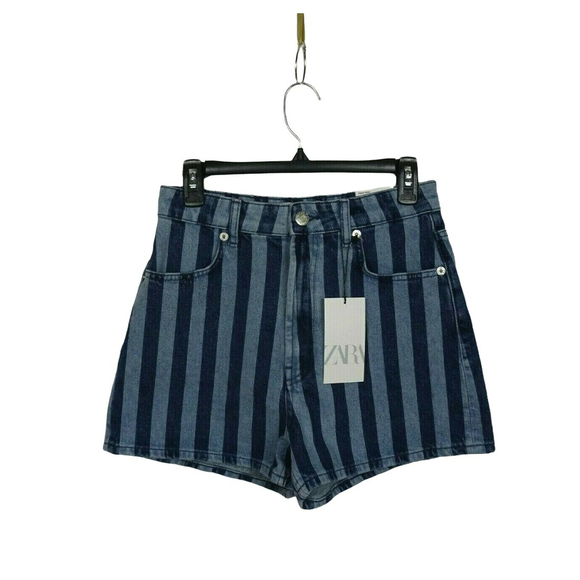 Zara Women's Striped Denim Jean Shorts High Rise Hi-Waist Blue Modern Chic NWT 6 - Picture 3 of 14